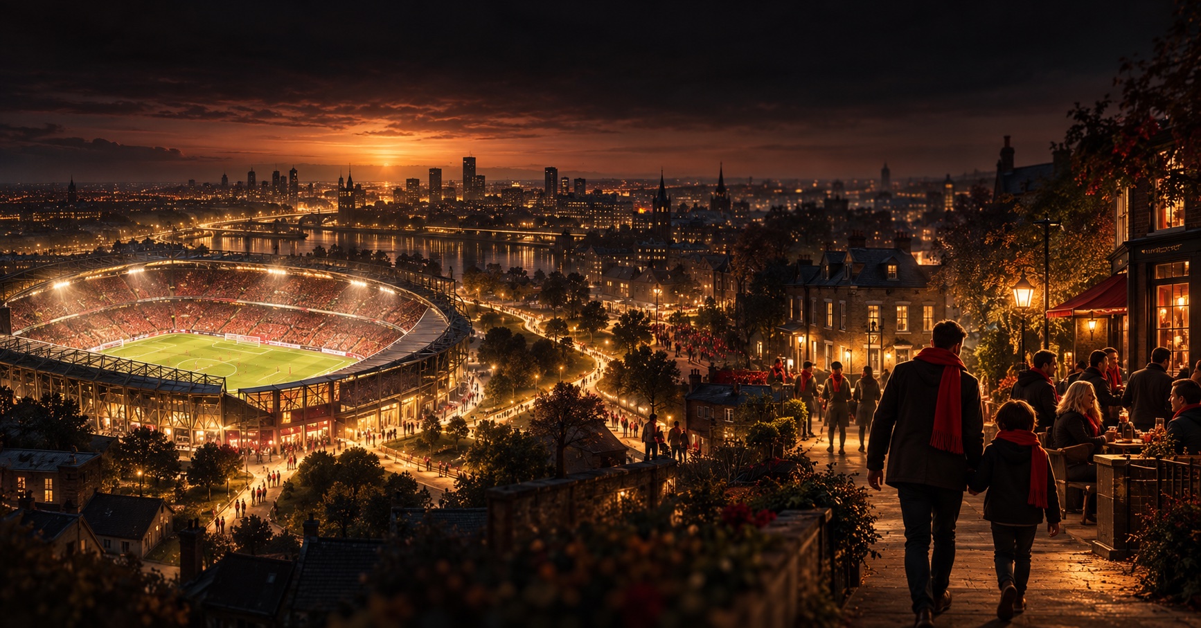 An imagined football stadium and surrounding community at dusk, with a parent and child wearing red scarves.